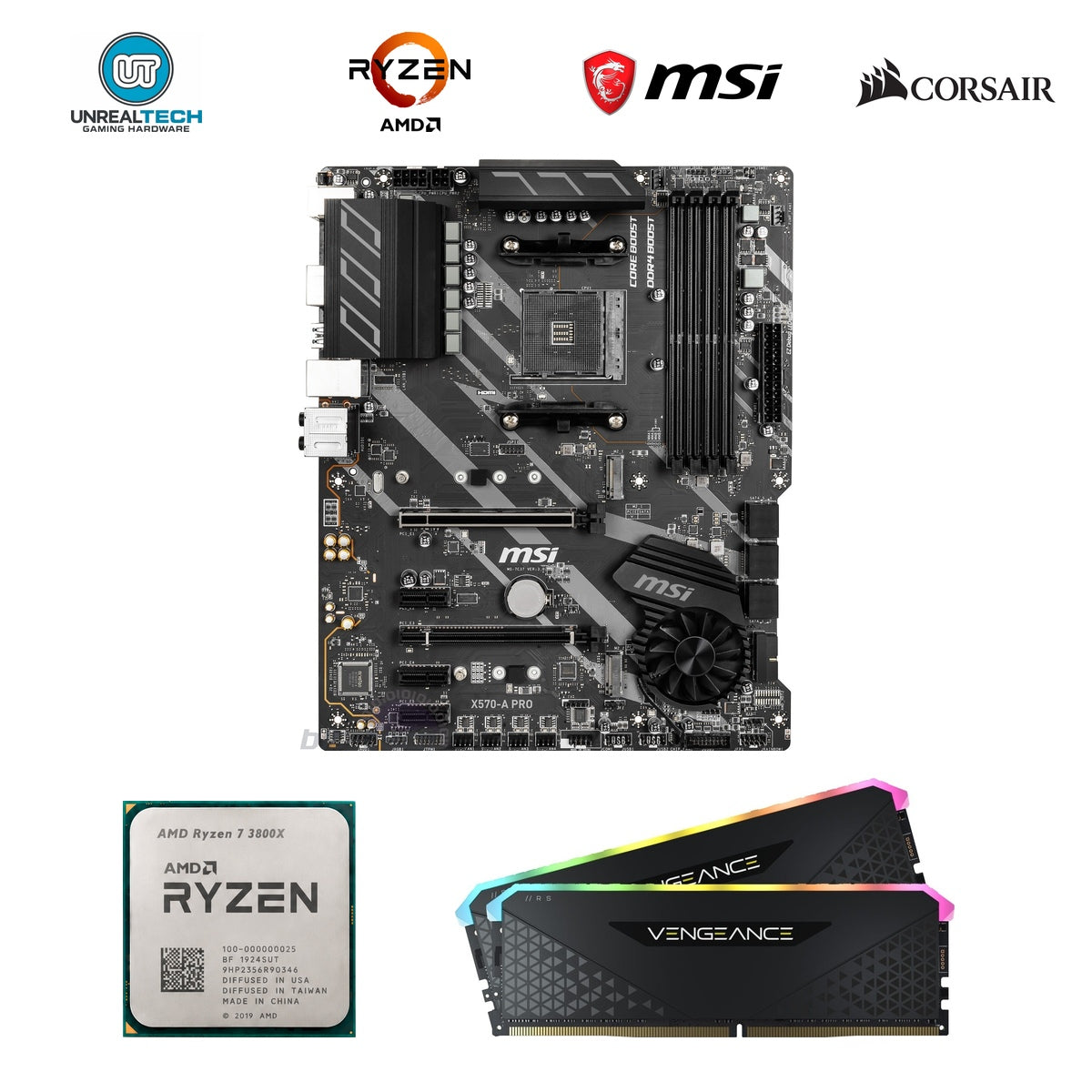 AMD Ryzen 7 3800X, MSI X570-A PRO and Corsair Vengeance RGB RS 16GB DDR4-3600 upgrade combo with four brand logos