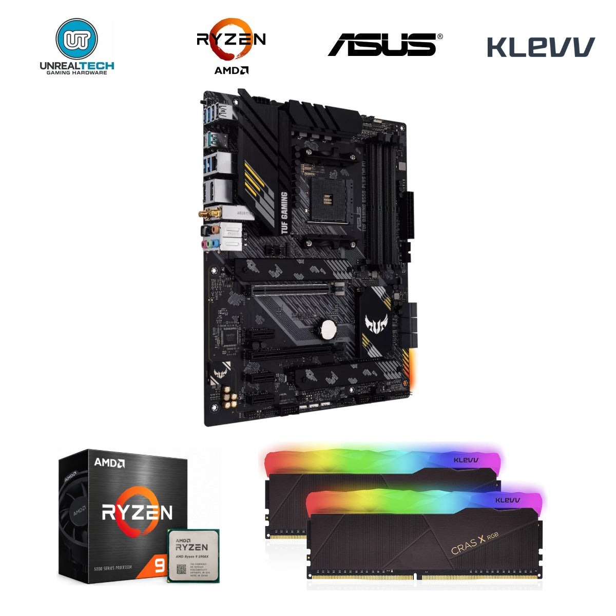AMD Ryzen 9 5900X, ASUS TUF Gaming B550-PLUS WiFi and KLEVV CRAS X RGB 16GB DDR4-3200 upgrade combo with four brand logos