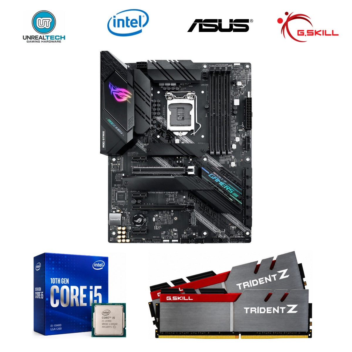 Intel Core i5-10400, ASUS ROG Strix B460-F Gaming and G.Skill Trident Z 16GB DDR4-3200 upgrade combo with four brand logos