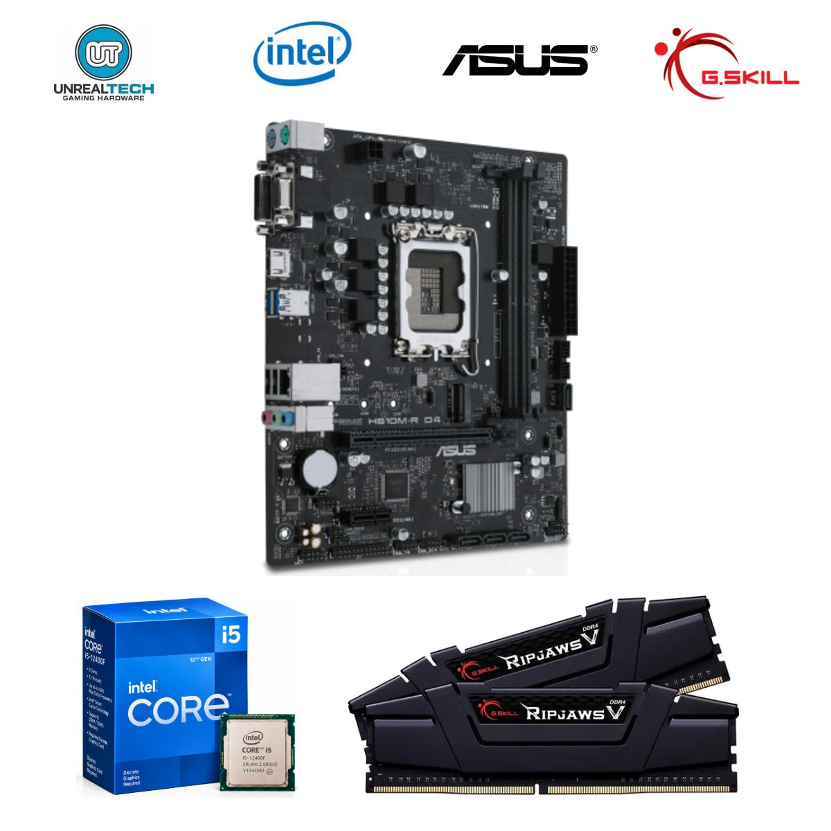 Intel Core i5-12400F, ASUS H610M-R D4 and G.Skill Ripjaws V 16GB DDR4-3200 upgrade combo with four brand logos