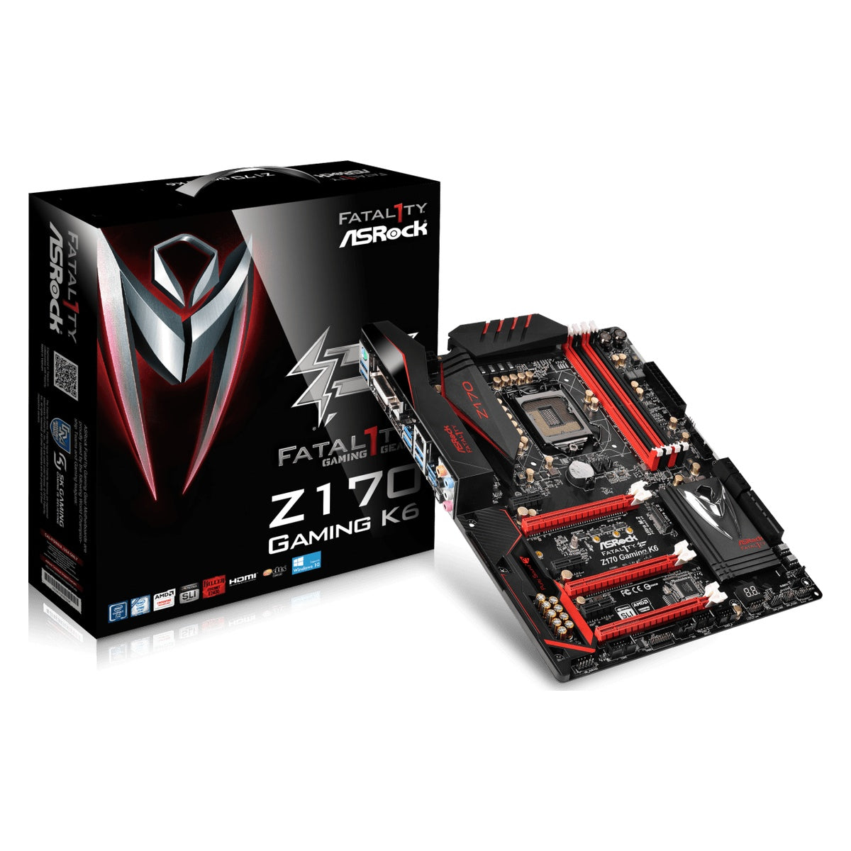 ASRock Fatal1ty Z170 Gaming K6 motherboard and original retail box – stock image