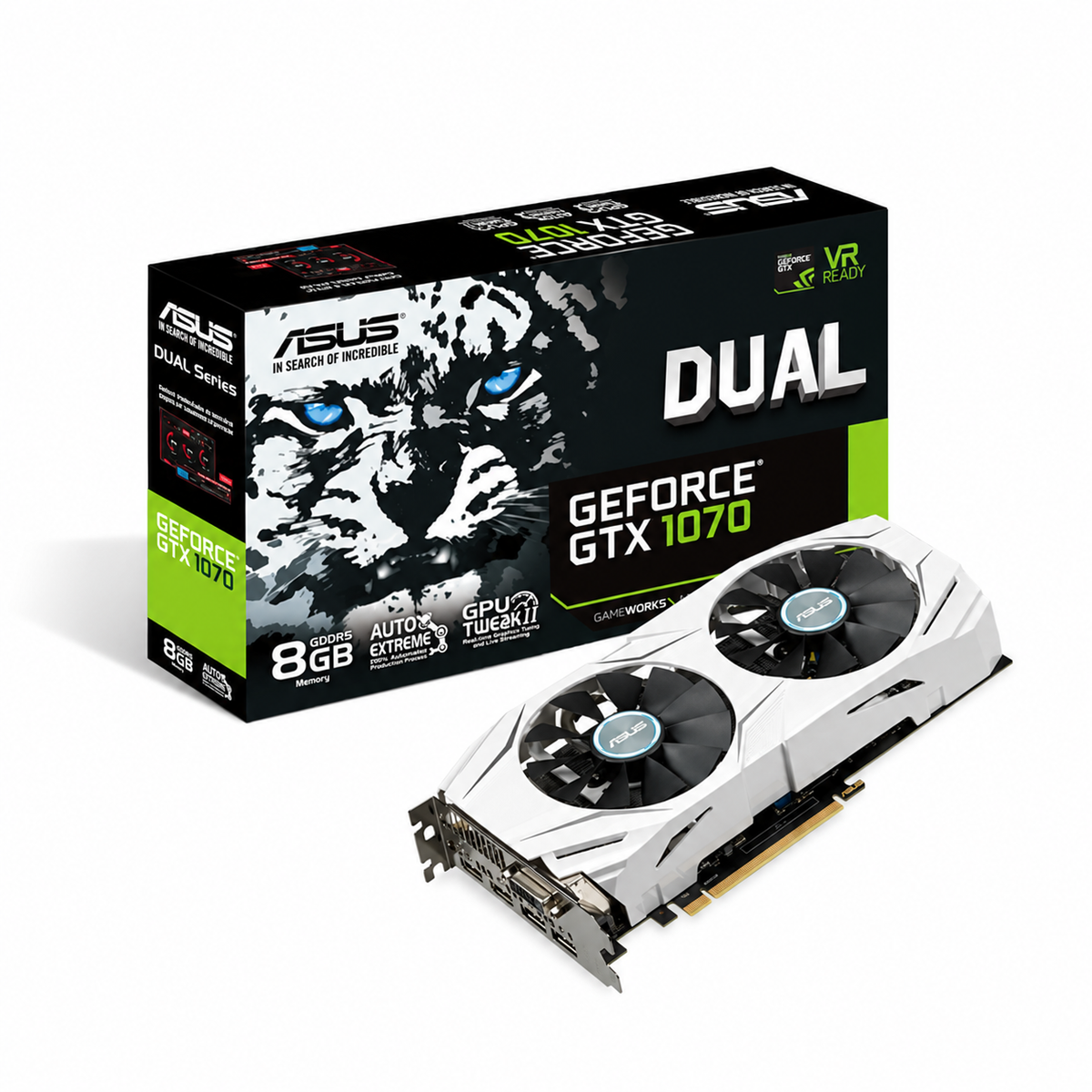 ASUS Dual GeForce GTX 1070 8GB card and box – illustration, box not included