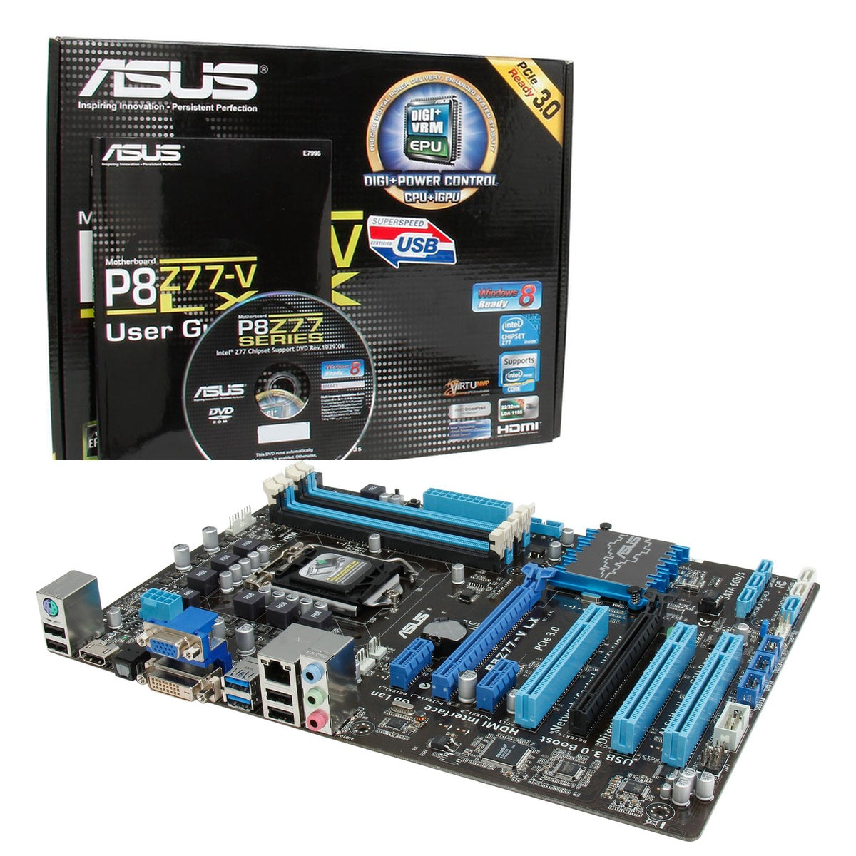 ASUS P8Z77-V LX Z77 motherboard — board box stock image