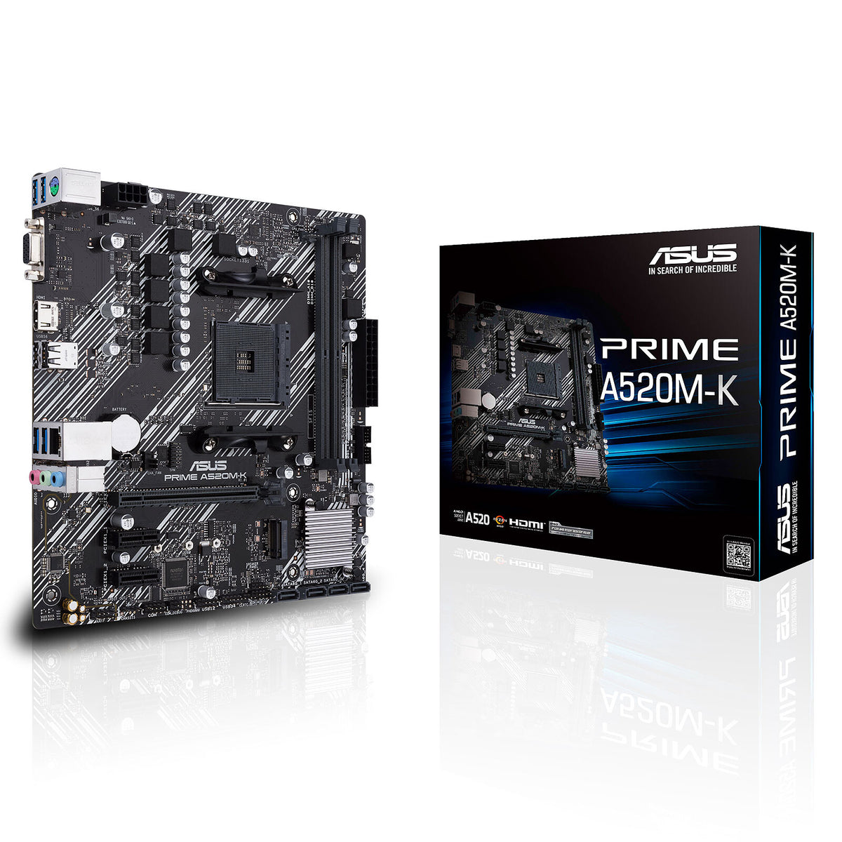 ASUS PRIME A520M-K motherboard with retail box on white background