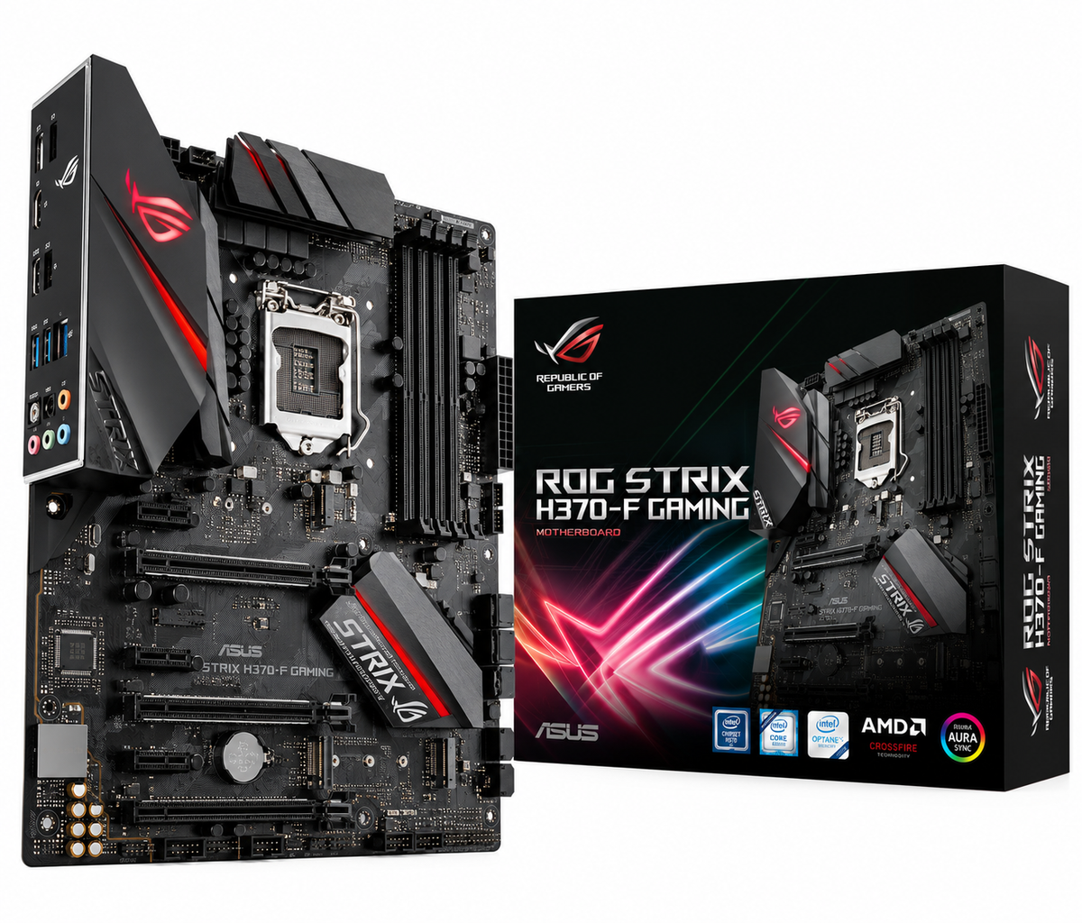 Asus ROG Strix H370-F Gaming motherboard and box on white background