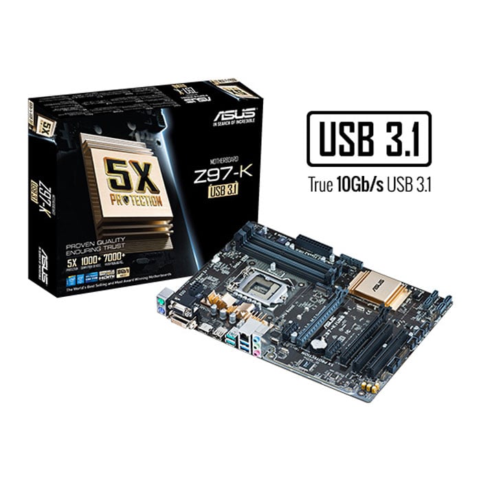 ASUS Z97-K USB 3.1 ATX motherboard with ASUS retail box, stock illustration