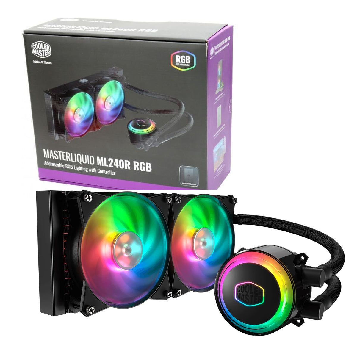 Cooler Master ML240R RGB cooler and box – stock image composition; box for illustration