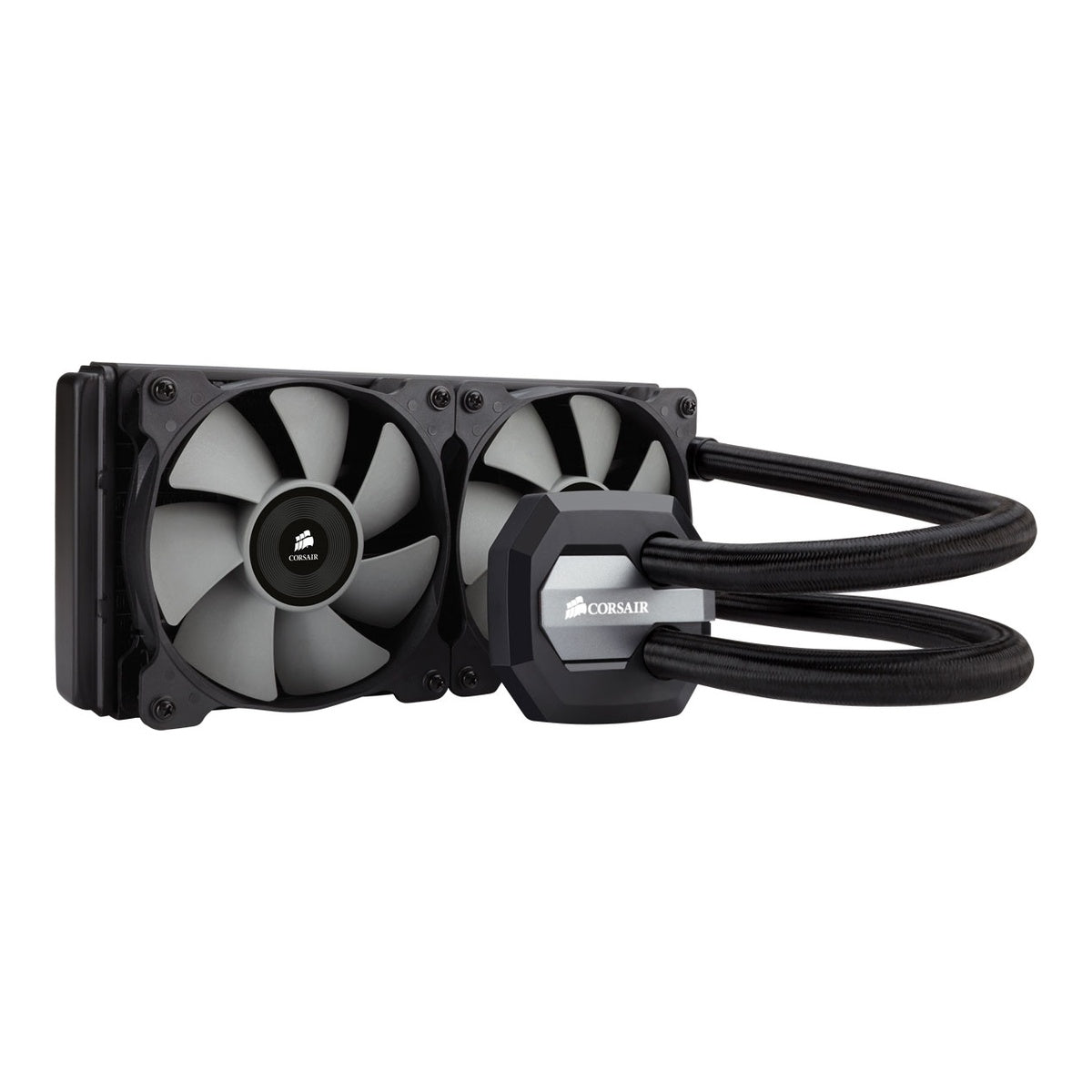 Corsair H100i GTX grey-faced pump and dual radiator fans — front with fans stock view