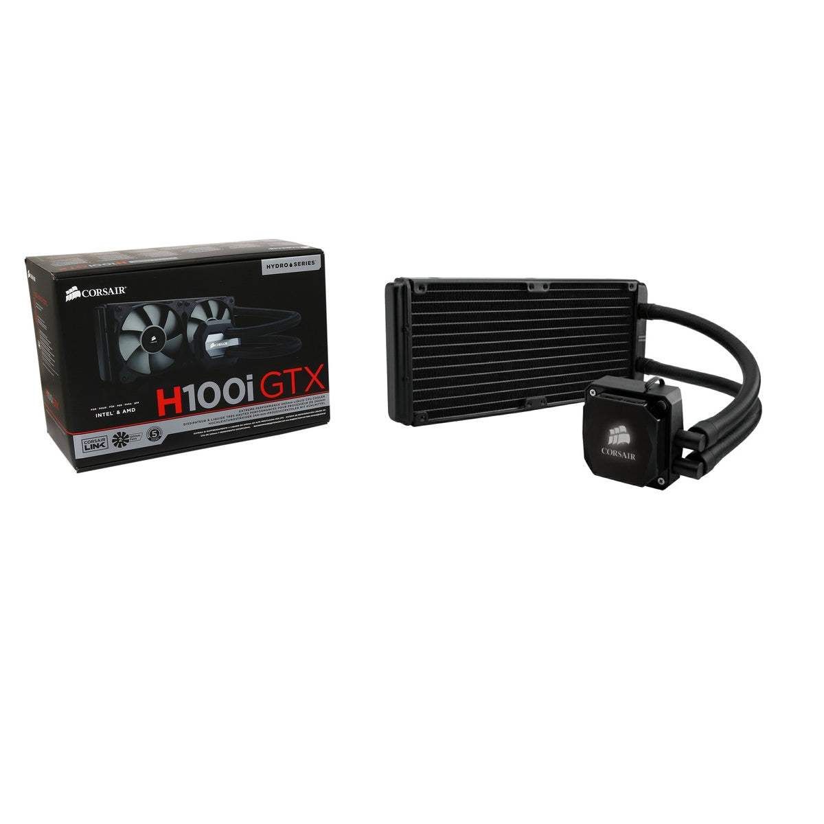 Corsair H100i GTX stock cooler body with retail box (illustration only); supplied fans differ from factory images