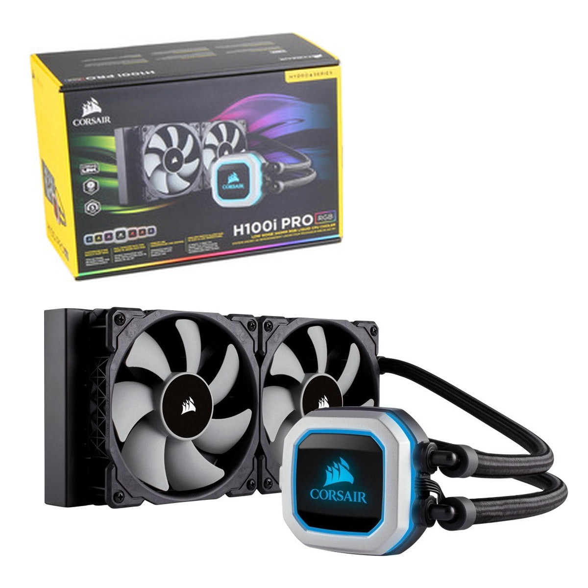 Corsair H100i PRO RGB cooler and retail box – stock image composition without loose brackets