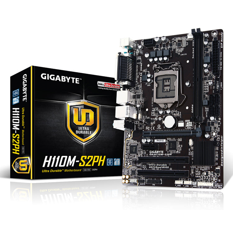 Gigabyte GA-H110M-S2PH motherboard with retail box (illustrative; box not included)