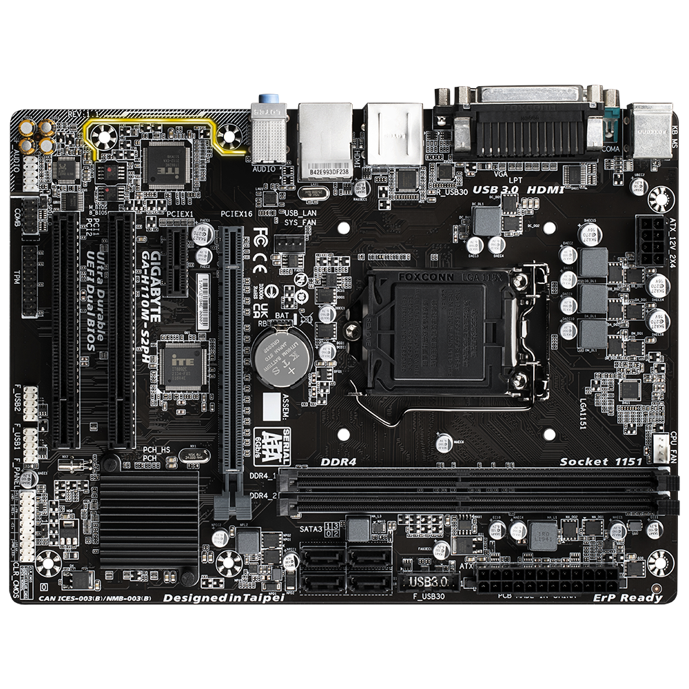 Gigabyte GA-H110M-S2PH motherboard front view, white background