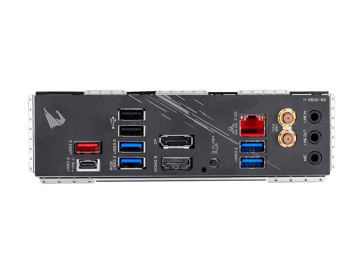 Gigabyte Z490I AORUS ULTRA motherboard rear I/O and alternate angle
