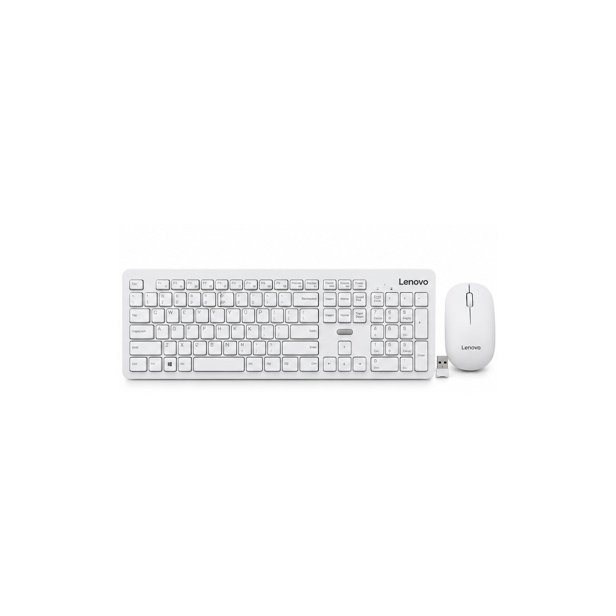 Lenovo KN220 white wireless keyboard mouse and USB receiver front view