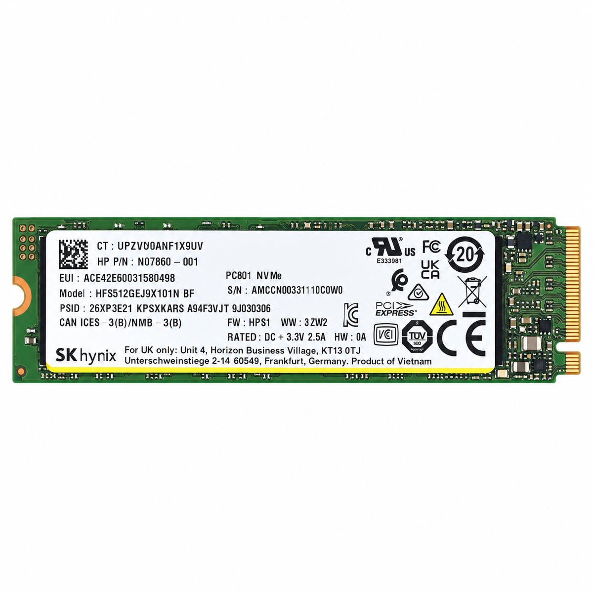 SK hynix PC801 512GB M.2 2280 NVMe SSD product illustration on white background