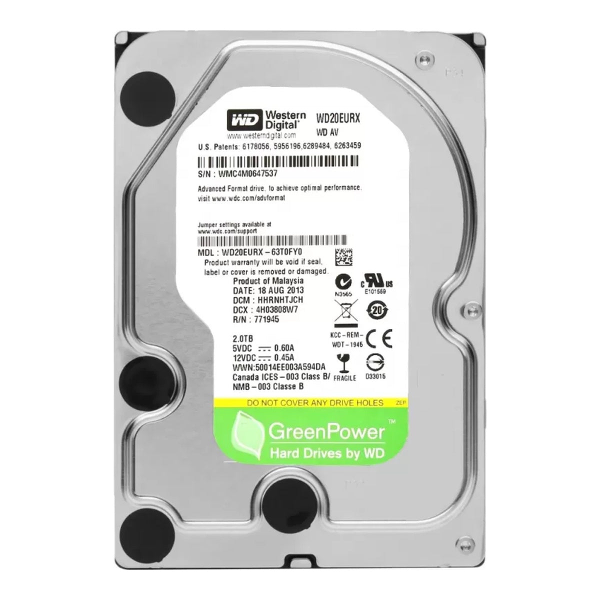 Western Digital WD AV-GP WD20EURX 2TB hard drive – clean straight front label view