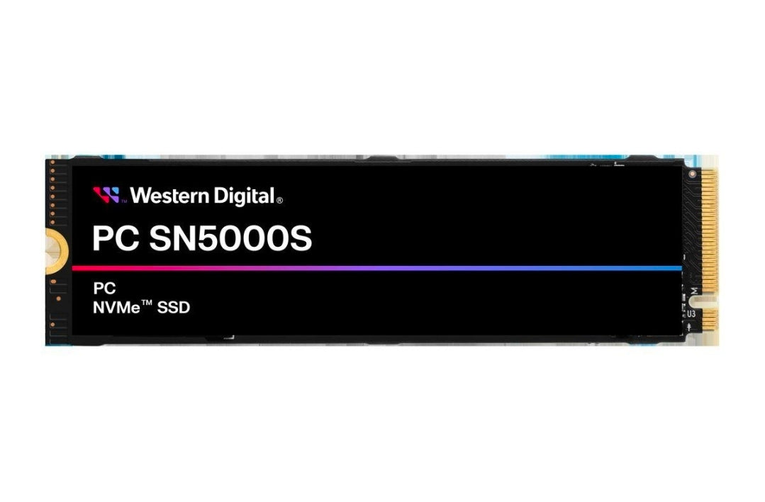 Western Digital PC SN5000S M.2 NVMe SSD front stock image, white background