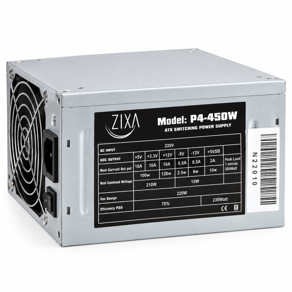 Illustrative ZIXA P4-450W ATX power supply on white background
