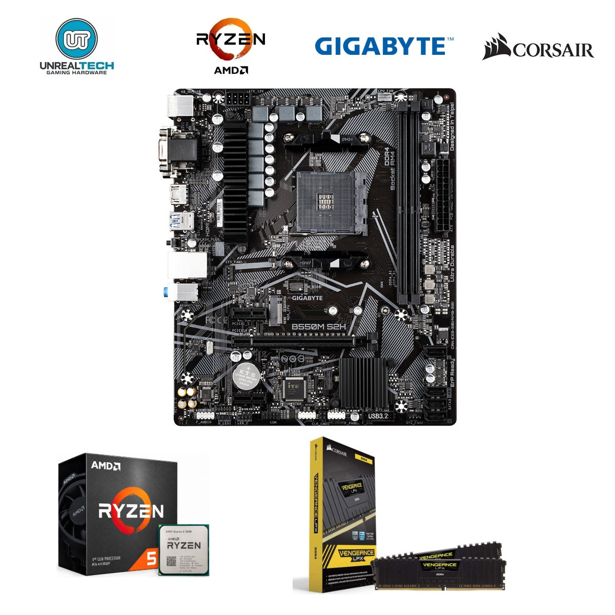 AMD Ryzen 5 3600, Gigabyte B550M S2H and Corsair Vengeance LPX 16GB DDR4-3200 upgrade combo with four brand logos