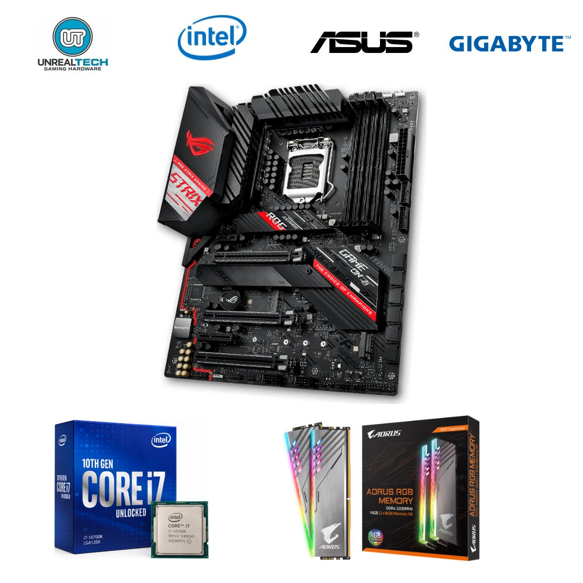 Intel Core i7-10700K, ASUS ROG Strix Z490-H Gaming and Gigabyte AORUS RGB 16GB DDR4-3200 upgrade combo with four brand logos