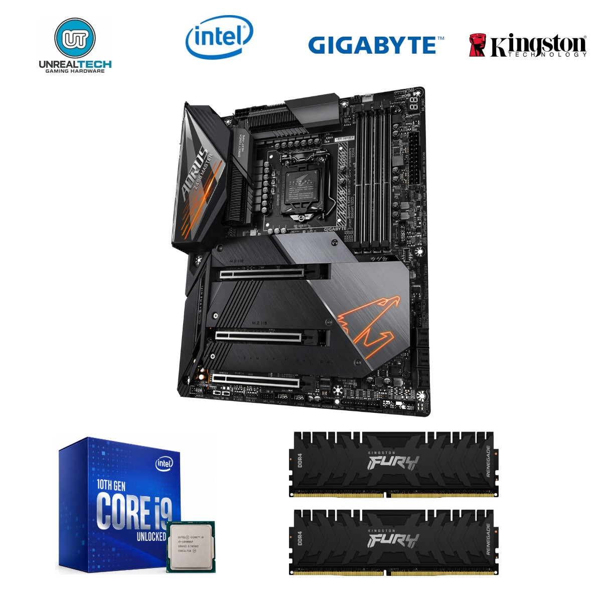 Intel Core i9-10900KF, Gigabyte Z490 AORUS Master WiFi and Kingston FURY Renegade 16GB DDR4-3600 upgrade combo with four brand logos