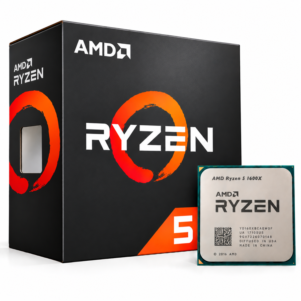 AMD Ryzen 5 1600X Desktop Processor box and CPU clean image