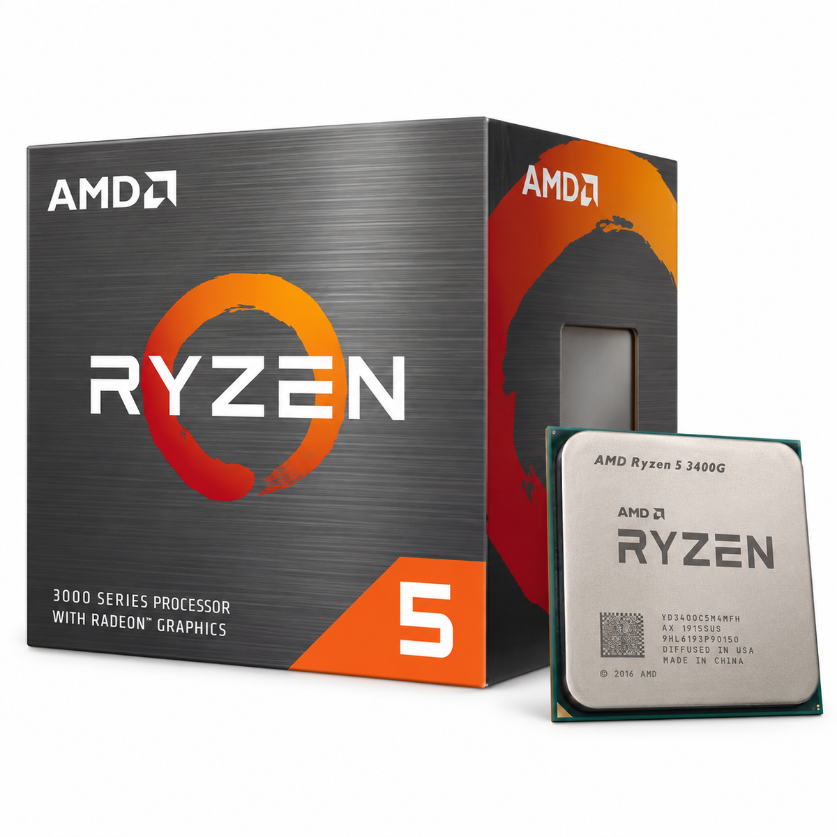 Illustrative stock-style image of AMD Ryzen 5 3400G CPU and Ryzen 3000 series box