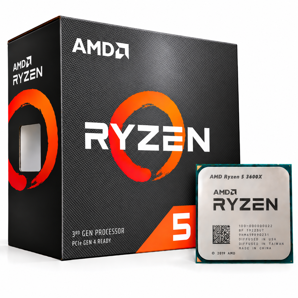 AMD Ryzen 5 3600X Desktop Processor box and CPU clean image