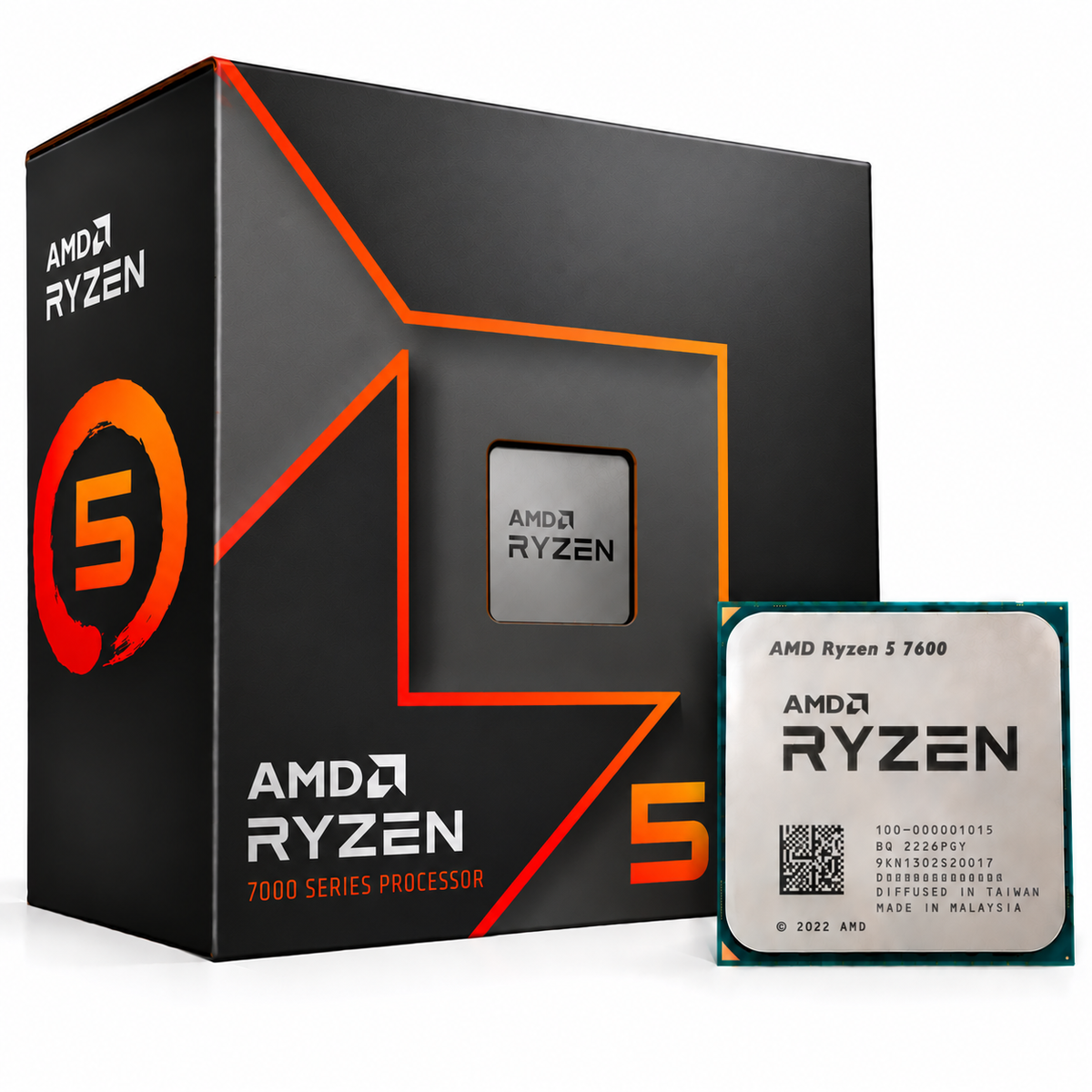 AMD Ryzen 5 7600 Desktop Processor box and CPU clean image