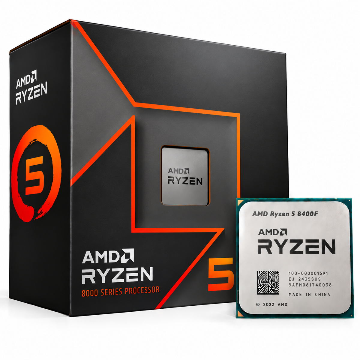 AMD Ryzen 5 8400F Desktop Processor box and CPU clean image