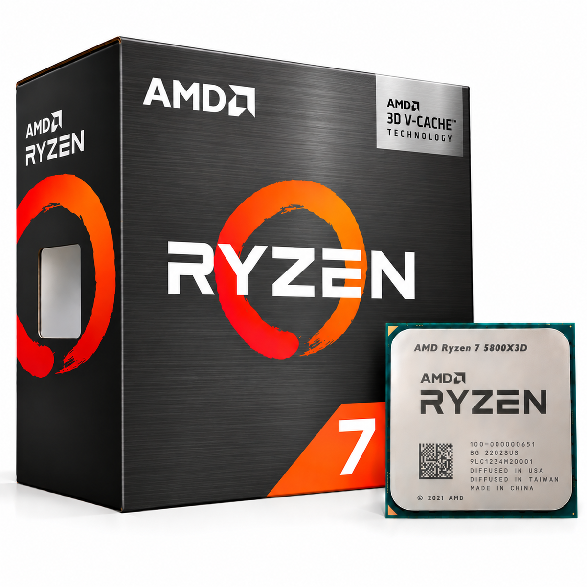 AMD Ryzen 7 5800X3D Desktop Processor box and CPU clean image