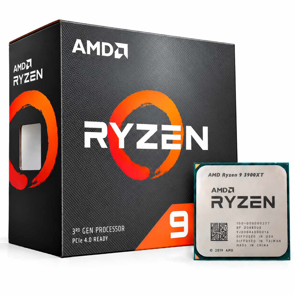 AMD Ryzen 9 3900XT Desktop Processor original box and CPU clean image