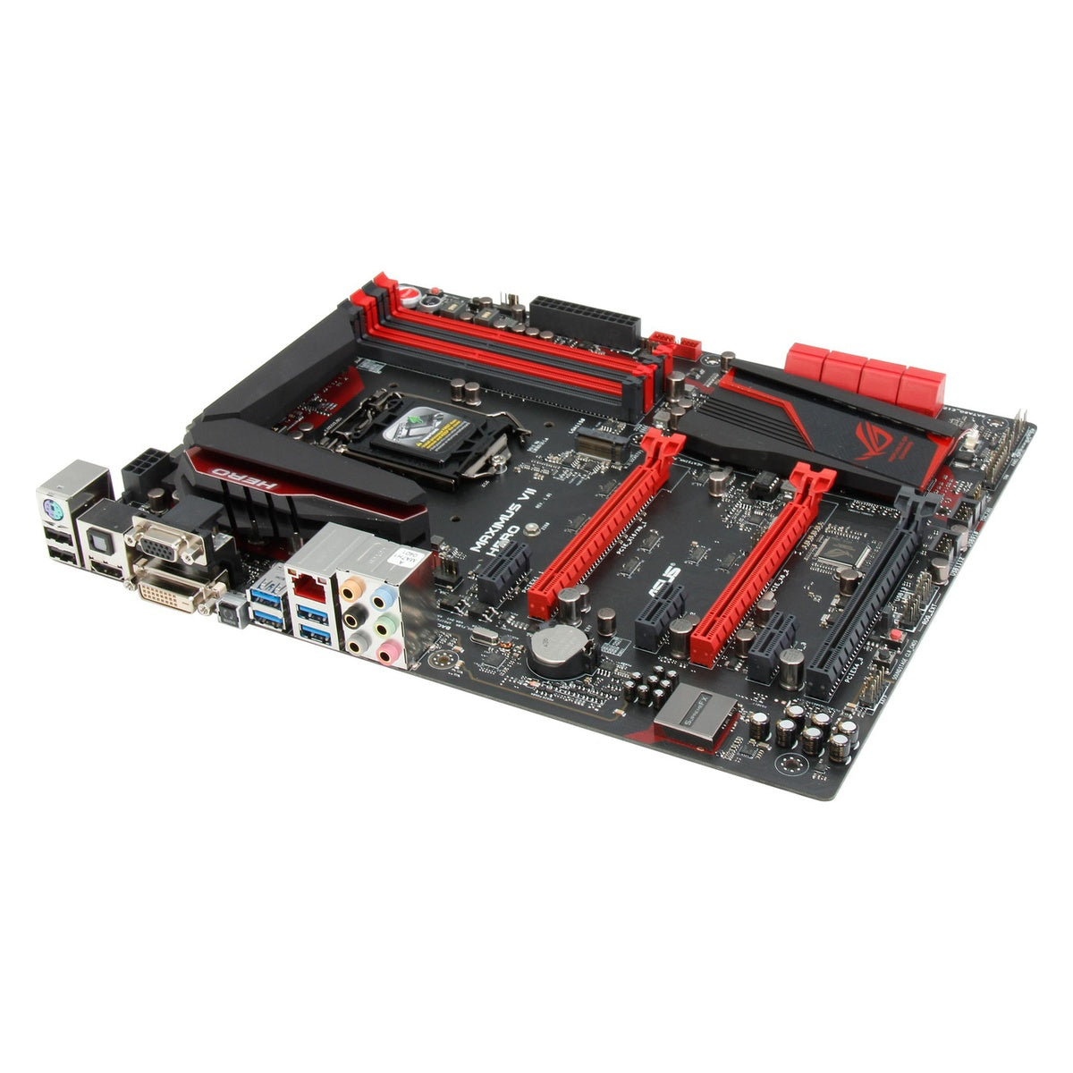 ASUS ROG Maximus VII Hero Z97 motherboard — angled stock image