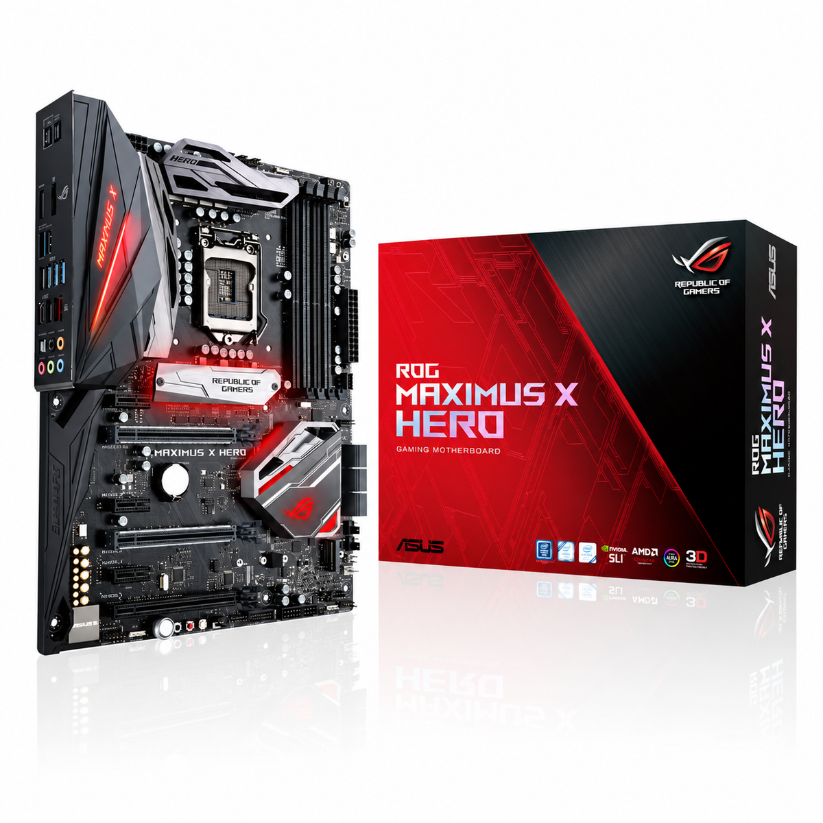 ASUS ROG Maximus X Hero non-Wi-Fi motherboard and retail box — illustrative stock image