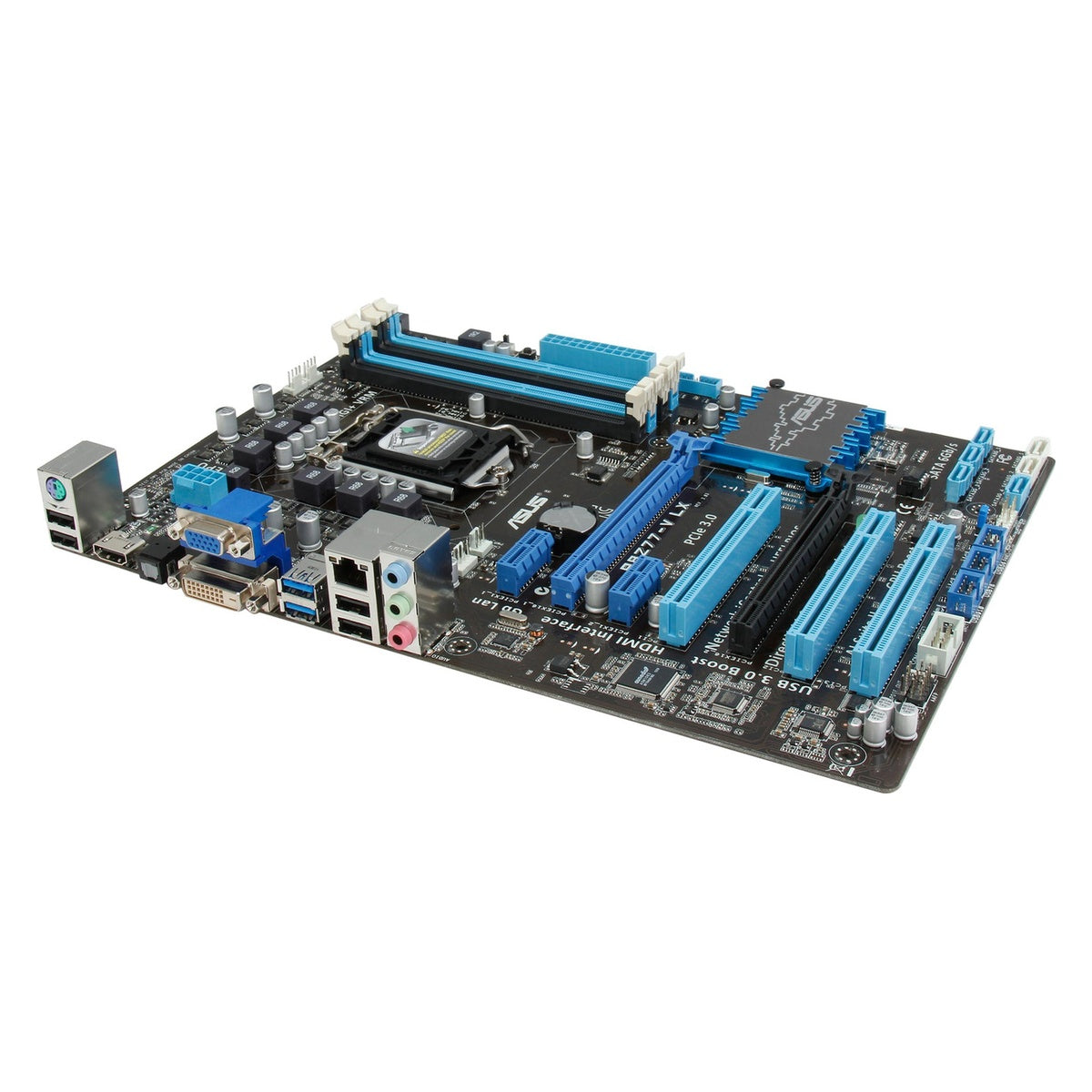 ASUS P8Z77-V LX Z77 motherboard — angled stock image