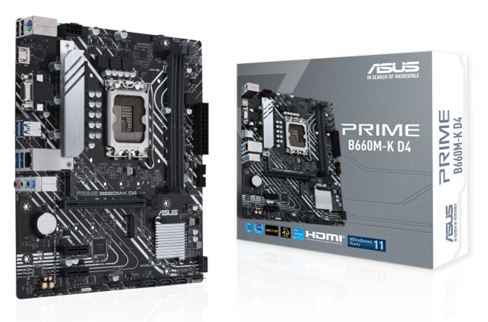 ASUS PRIME B660M-K D4 motherboard and retail box for illustration only; retail box not included
