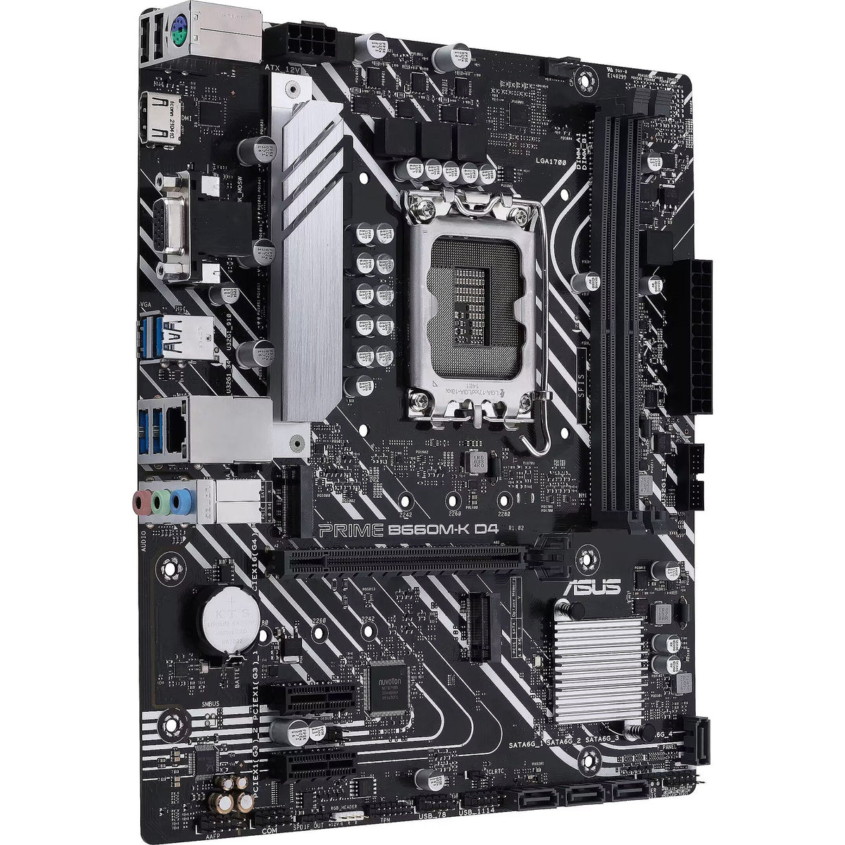 ASUS PRIME B660M-K D4 motherboard angled view, illustrative stock photo