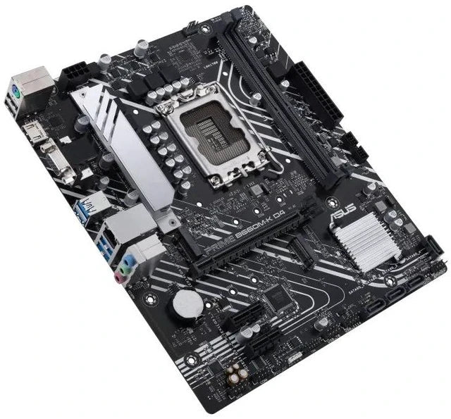 ASUS PRIME B660M-K D4 motherboard overhead angled view, illustrative stock photo