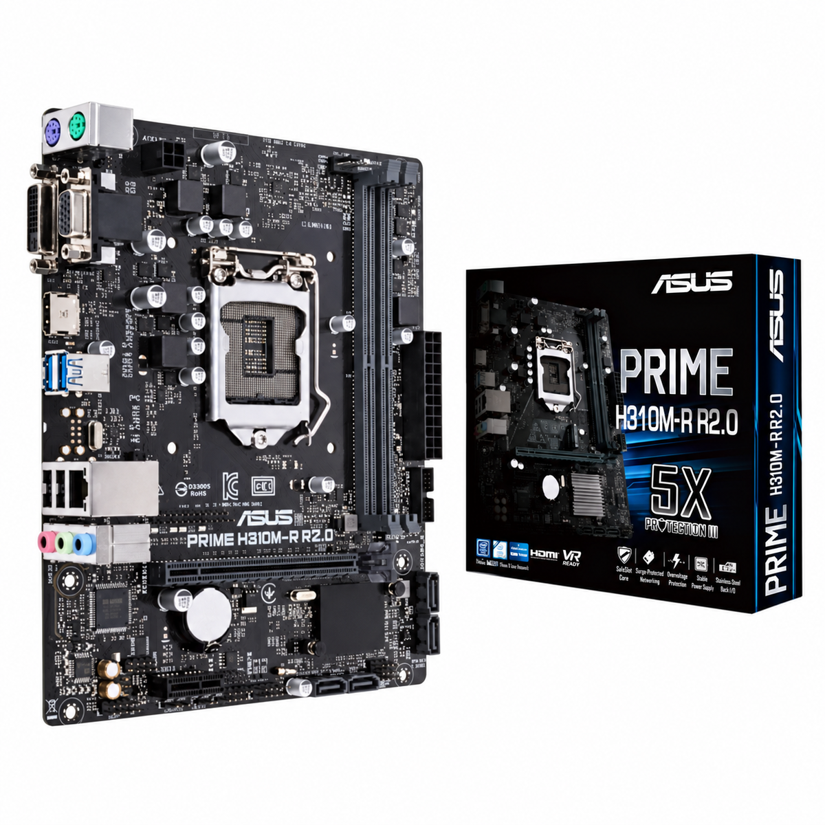 ASUS PRIME H310M-R R2.0 motherboard with retail box — illustrative stock image
