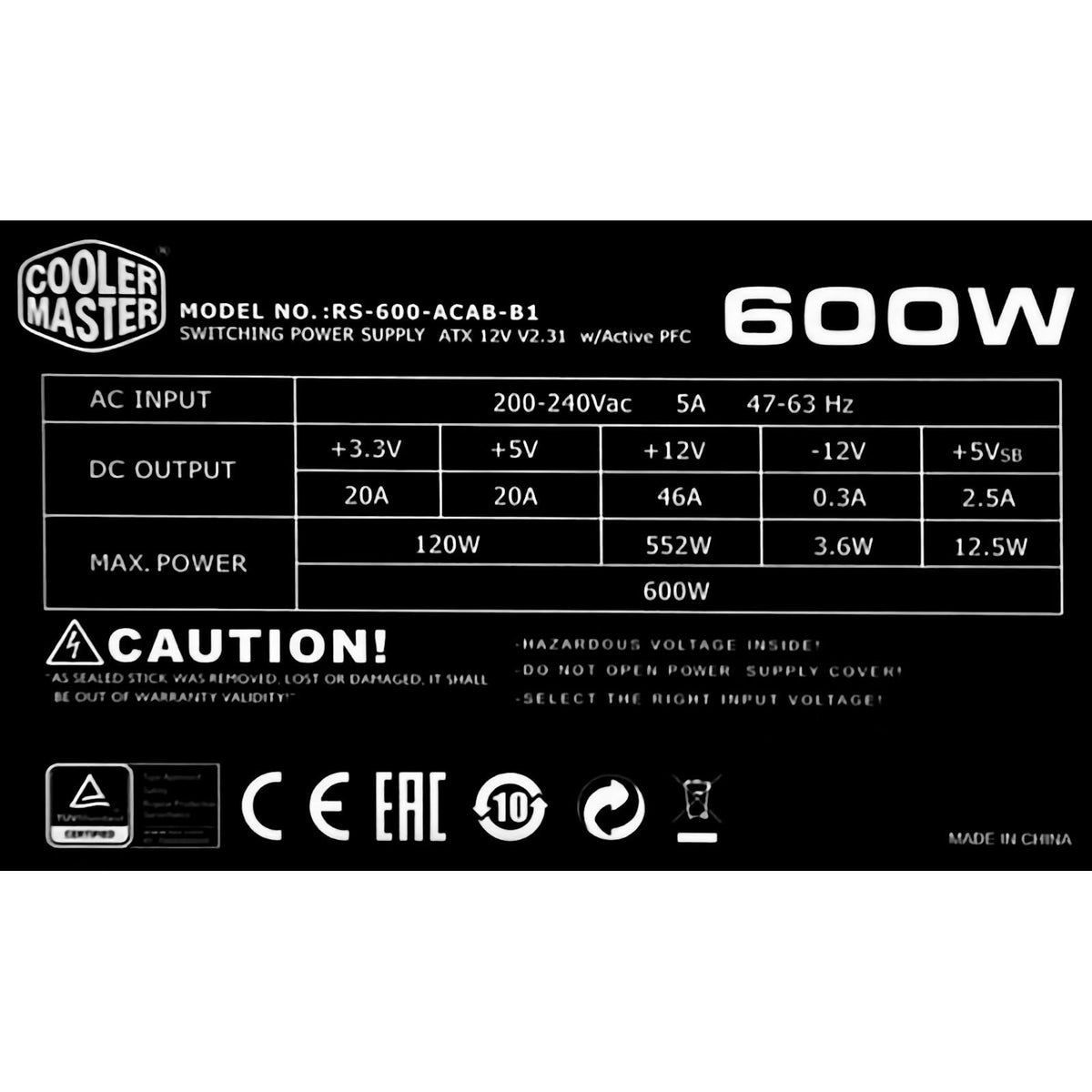 Cooler Master B600 Ver.2 RS-600-ACAB-B1 600W PSU label