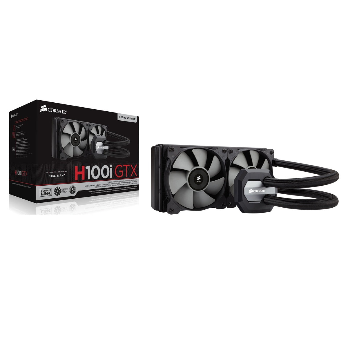 Corsair H100i GTX cooler with dual fans and retail box — illustration only