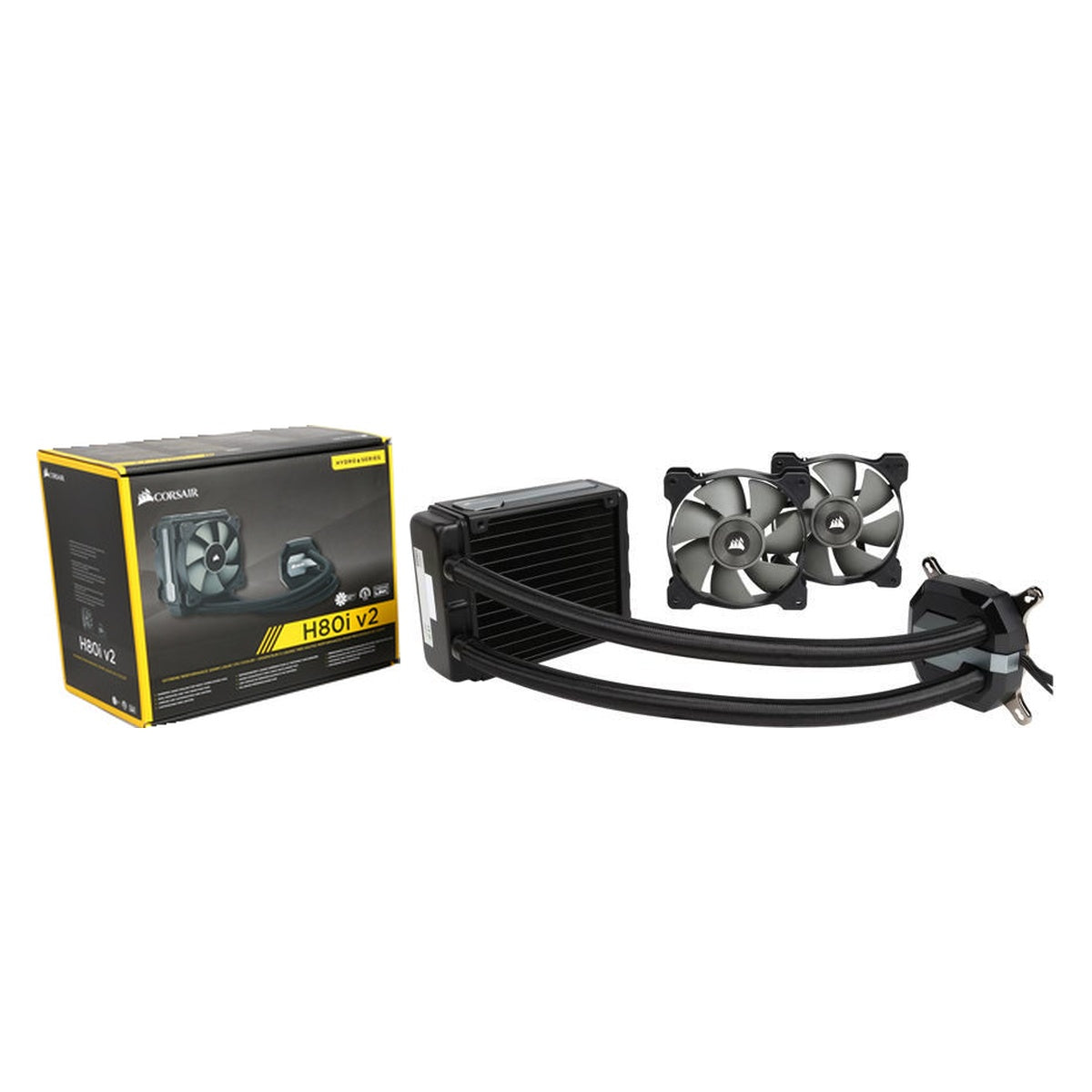 Corsair H80i v2 120mm AIO cooler and retail box – illustration only