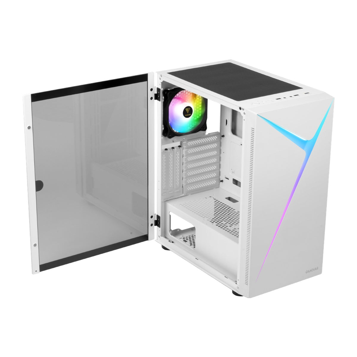 Gamdias ARGUS E4 ELITE White tempered glass swing door open