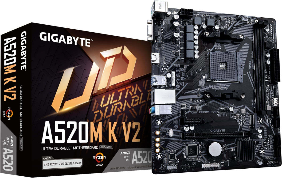 Gigabyte A520M K V2 motherboard - product and packaging view