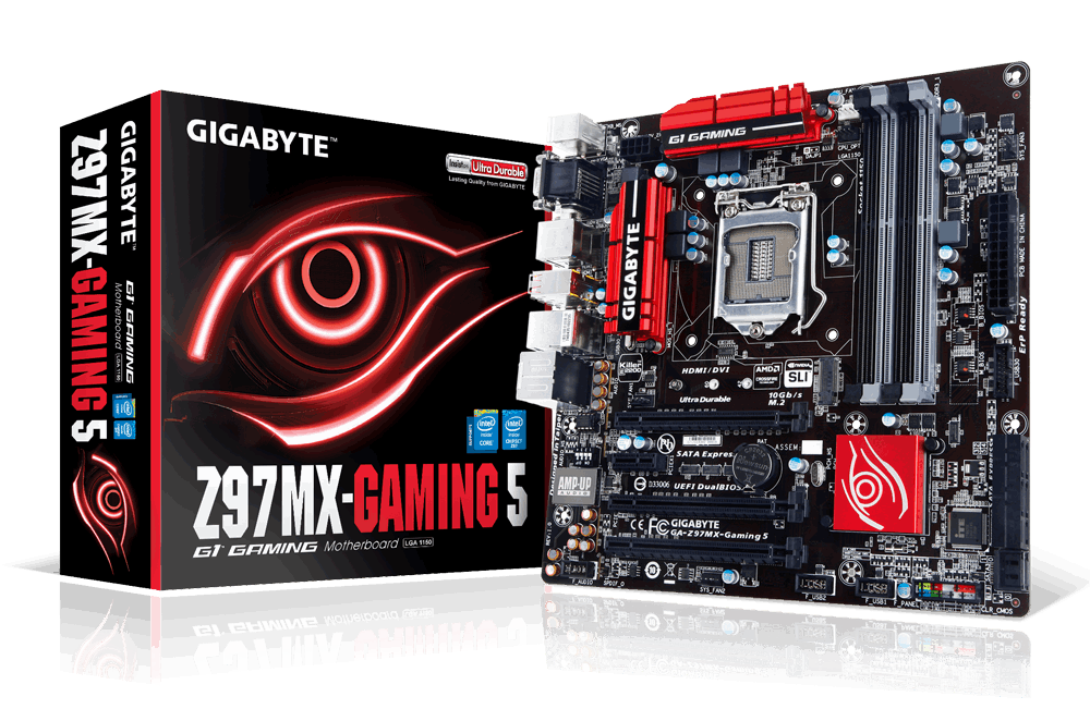 Gigabyte GA-Z97MX-Gaming 5 motherboard shown with retail box (box not included)