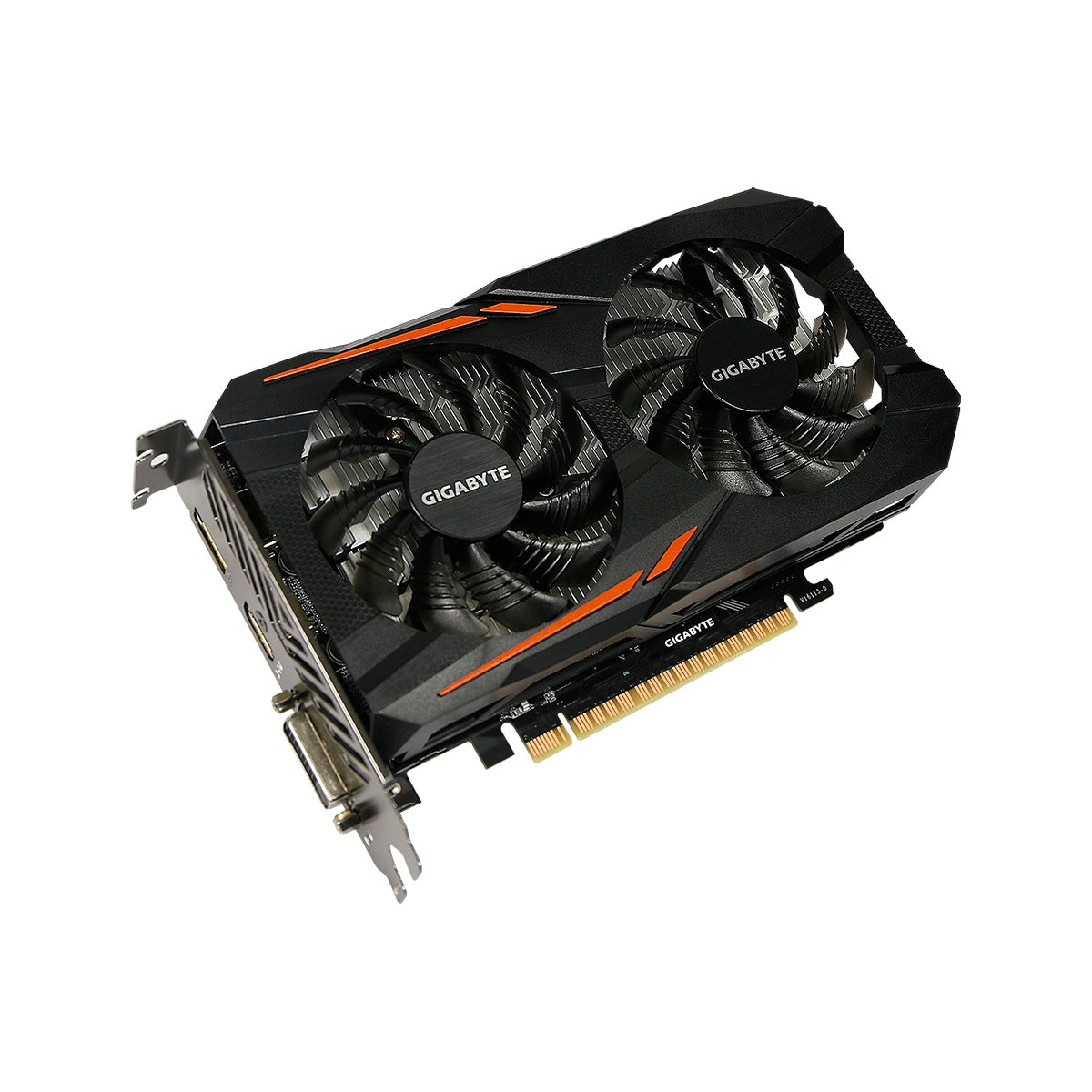 Gigabyte GeForce GTX 1050 OC 2GB graphics card — angled view