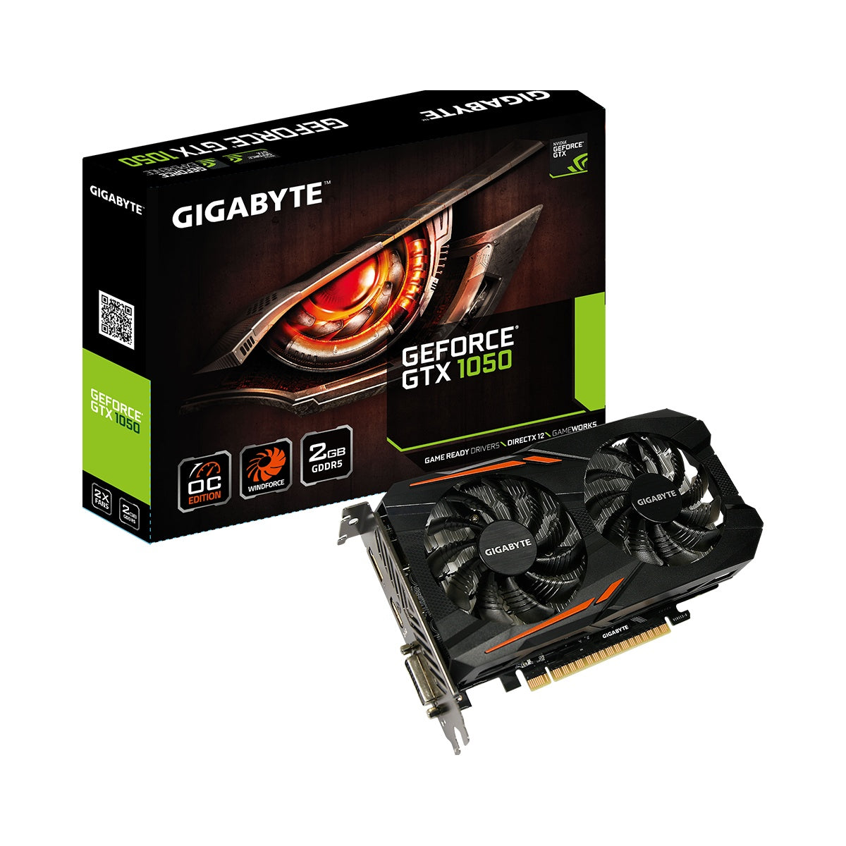 Gigabyte GeForce GTX 1050 OC 2GB graphics card and retail box — stock image for illustration