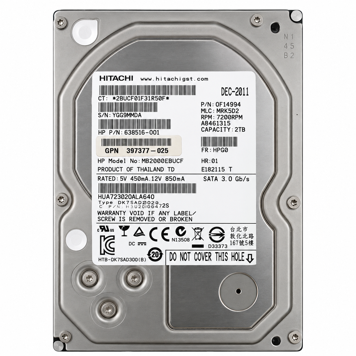 Hitachi Ultrastar 7K3000 2TB HUA723020ALA640 front view