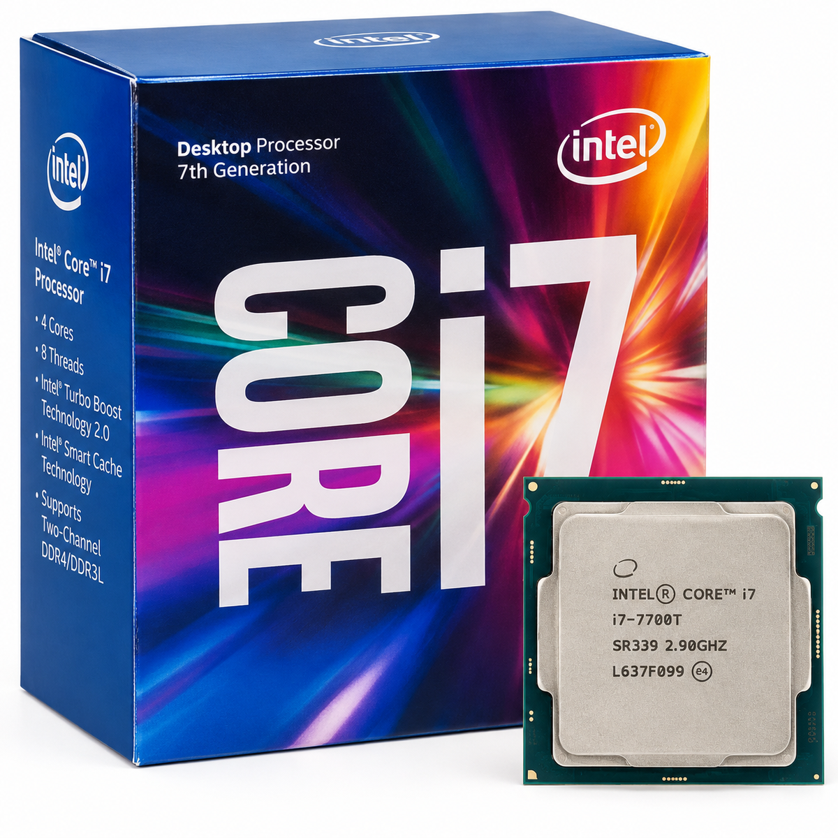 Illustrative Intel Core i7-7700T CPU and retail-style box; box not included