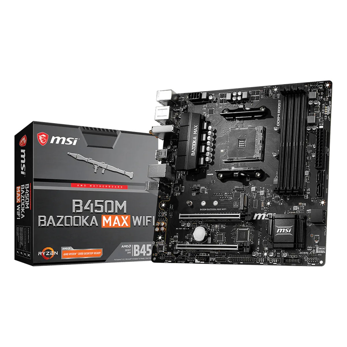 MSI B450M BAZOOKA MAX WIFI motherboard and retail box